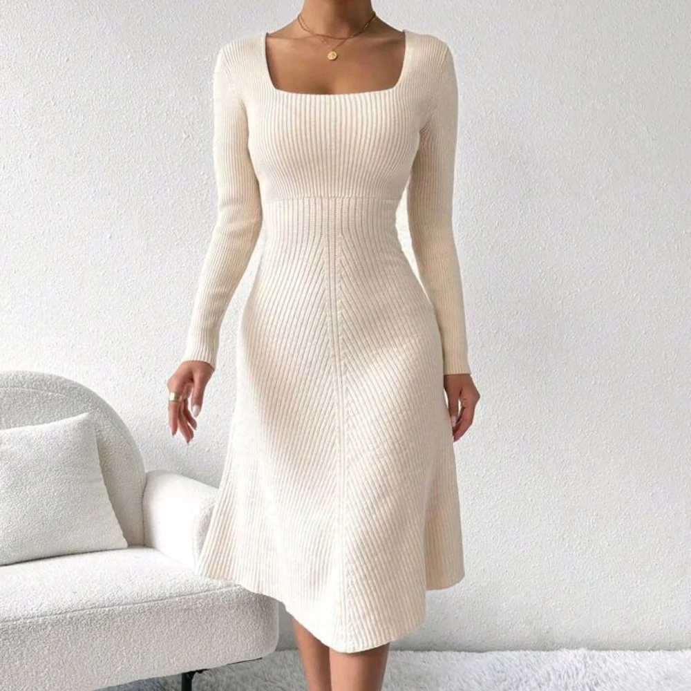 Solid Color Square Collar Ribbed Knit Casual Long Sleeve Dress - Picture 3 of 5